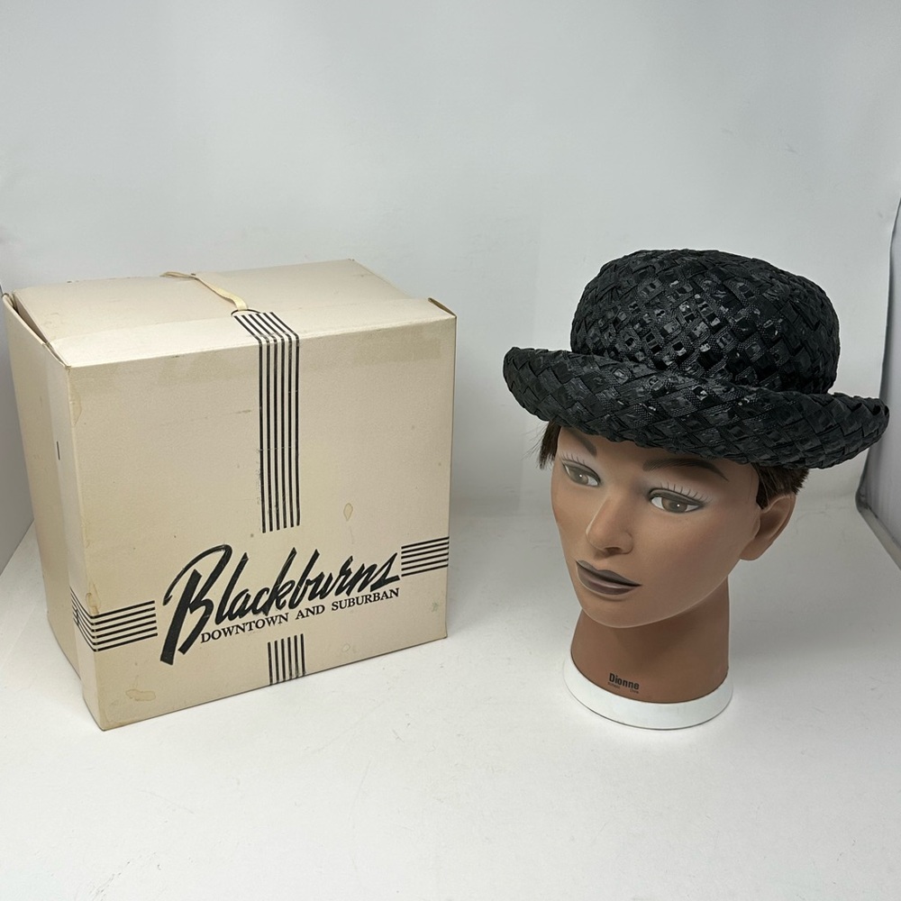 Vintage 1968 Valerie Modes Hat Black Woven Straw Hat Women’s Sz 22
